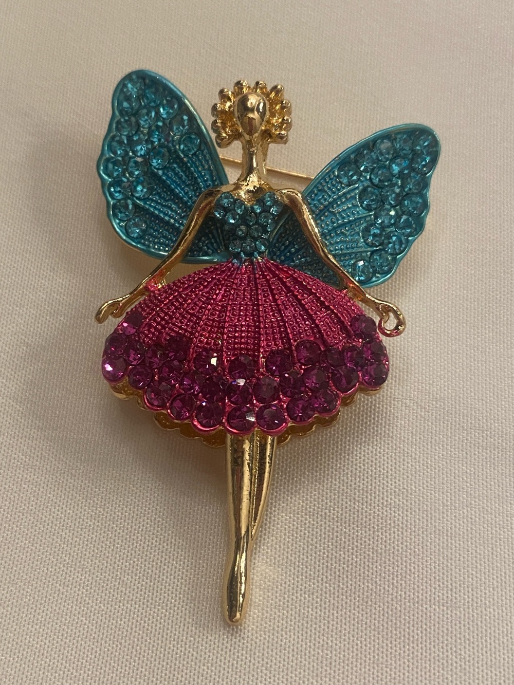 Brooch Ballerina Fairy Pin Pink Tutu Teal Wings New